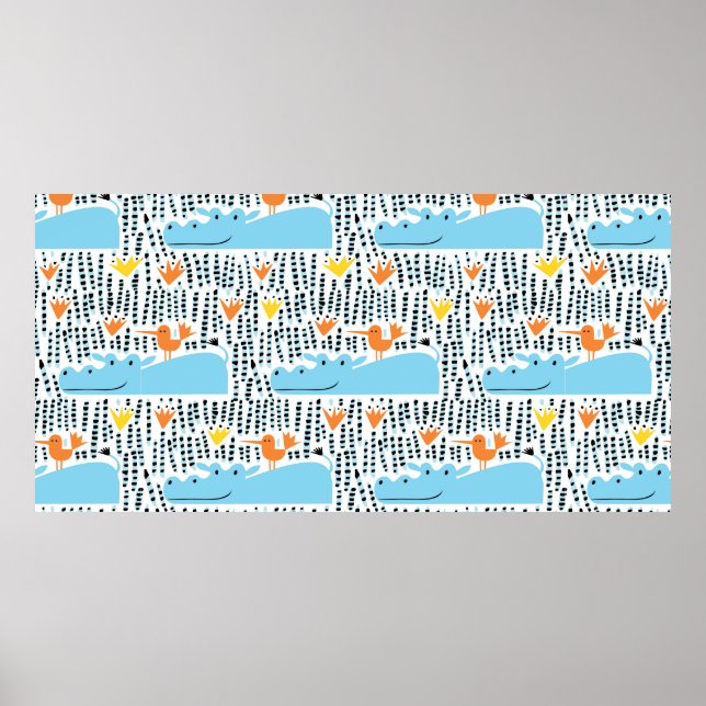 Hippos and birds in the lake seamless pattern vint poster (Front)