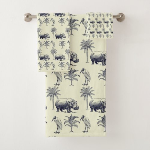 Hippos and Marabus  pattern on yellow background Bath Towel Set