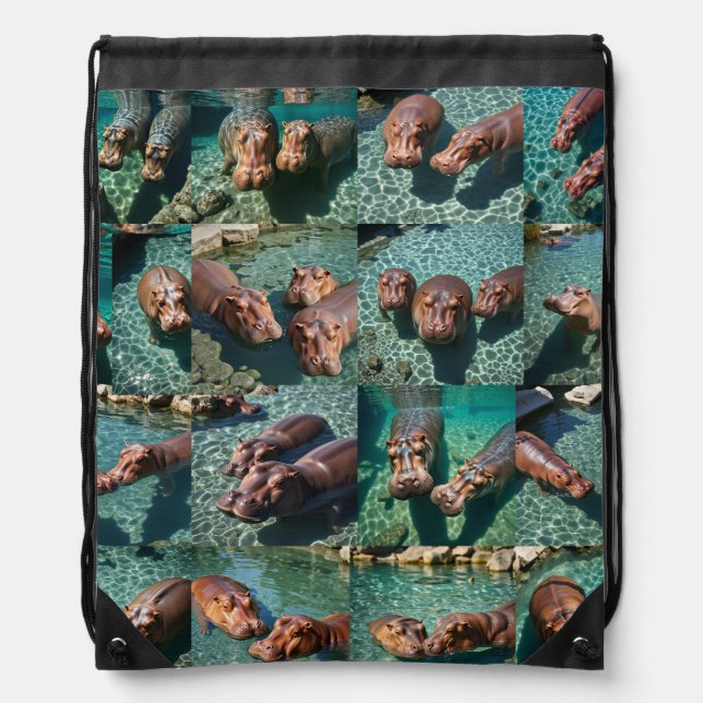 Hippos at Play: A Pond Paradise Drawstring Bag (Front)