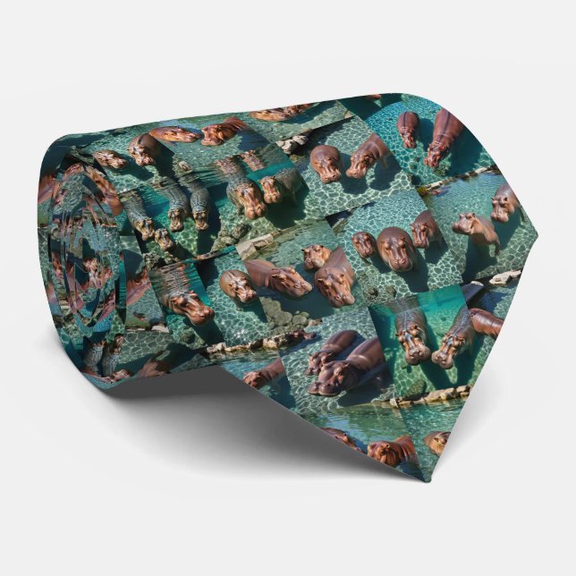 Hippos at Play: A Pond Paradise Neck Tie (Rolled)