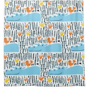 Hippos Birds Lake: Vintage Pattern. Shower Curtain