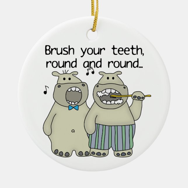 Hippos Brush Your Teeth Ceramic Ornament (Front)