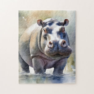 Hippo's Serene Waters A Watercolor Portrait Jigsaw Puzzle