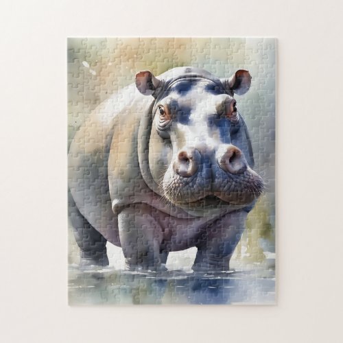 Hippos Serene Waters A Watercolor Portrait Jigsaw Puzzle