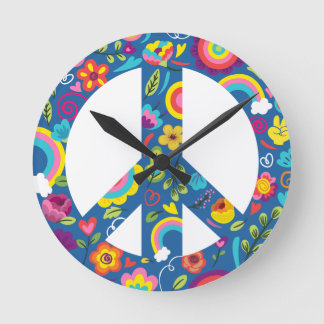 Hippy 60s Boho Peace Sign Round Clock