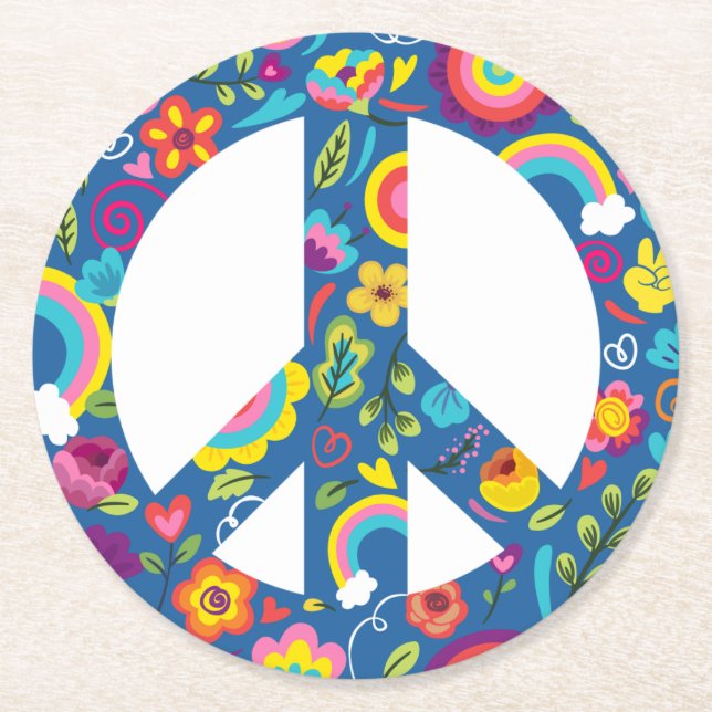 Hippy 60s Boho Peace Sign Round Paper Coaster (Front)