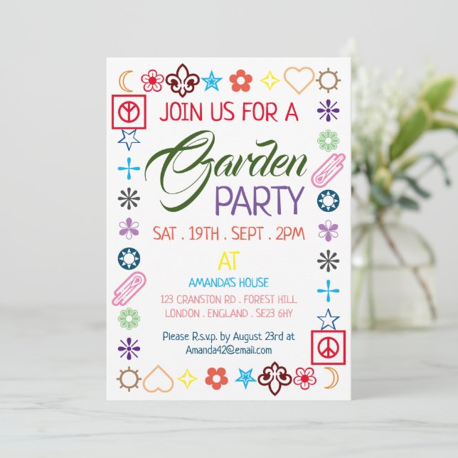 Hippy Chic Decorated Garden Party Invitation (Standing Front)
