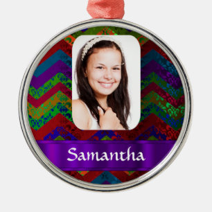 Hippy color chevron personalized photo template metal ornament