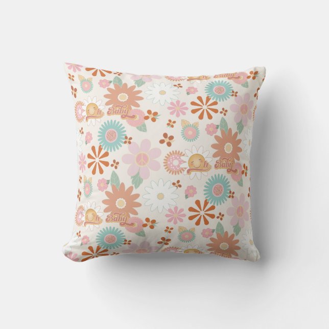 Hippy Daisy Retro Vibe 70s Peace Pink Mint Baby Throw Pillow (Front)