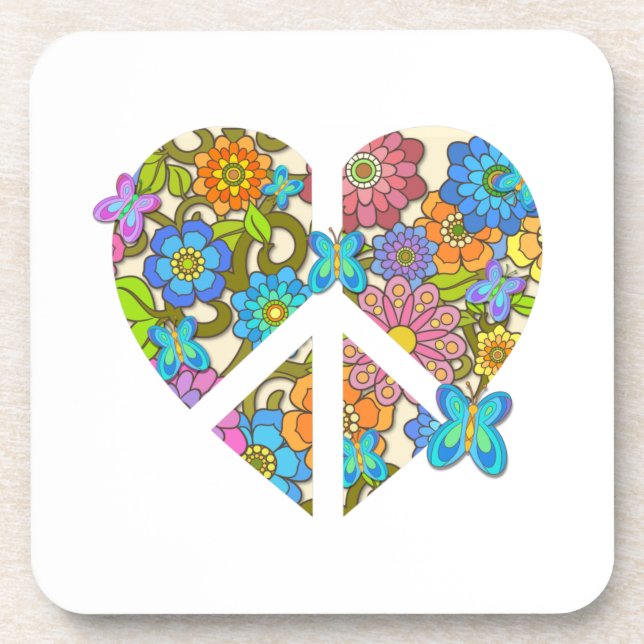 Hippy Flower Peace Sign Heart Beverage Coaster (Front)