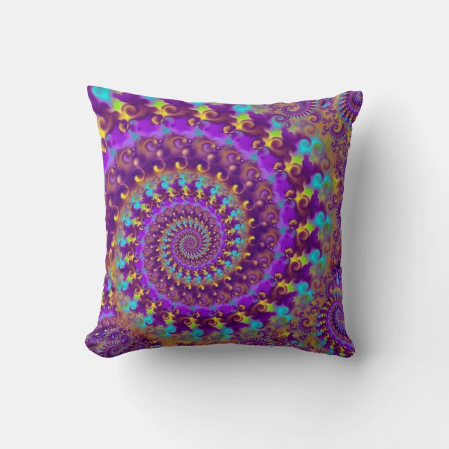 Hippy Fractal Pattern Purple Turquoise & Yellow Throw Pillow (Front)