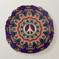 Hippy Groovy Love & Peace Psychedelic Round Pillow
