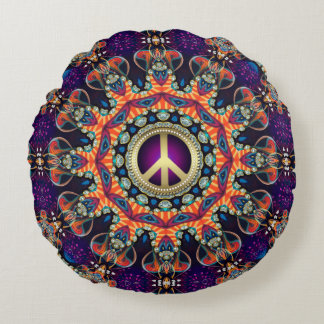 Hippy Groovy Love & Peace Psychedelic Round Pillow
