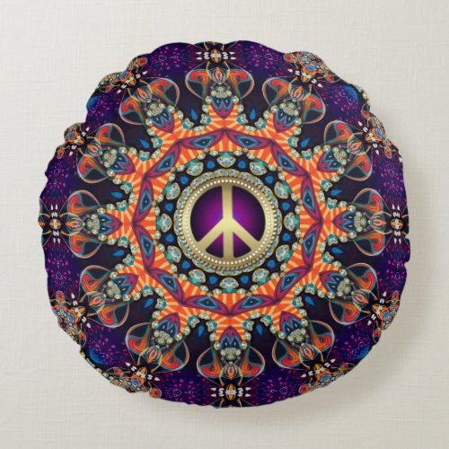 Hippy Groovy Love  Peace Psychedelic Round Pillow