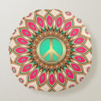 Hippy Groovy Love & Peace Sunflower Round Pillow