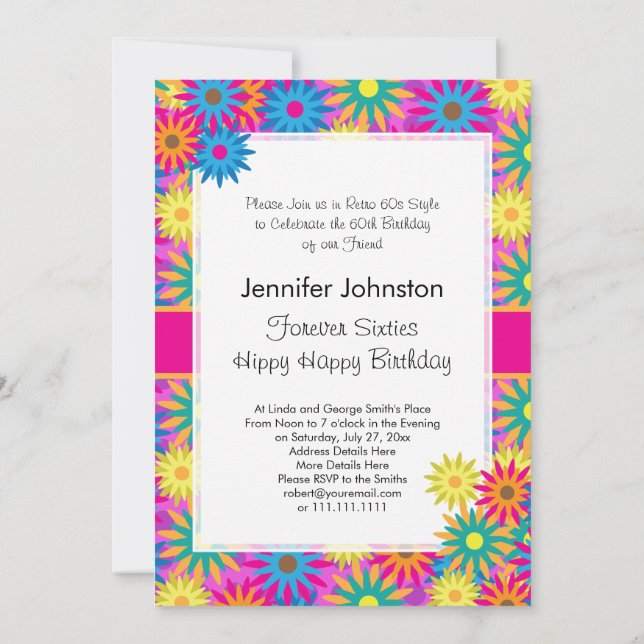 Hippy Happy Birthday 1960s Retro 60th BDay Party Invitation (Back)
