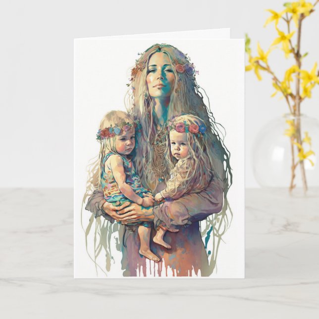 Hippy Mother & Twin Daughters, Mothers Day Card (Yellow Flower)