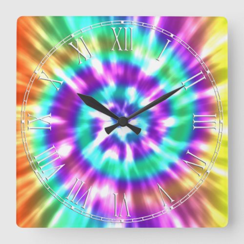 Hippy Peace Retro Tie Dye Colorful Boho Square Wall Clock