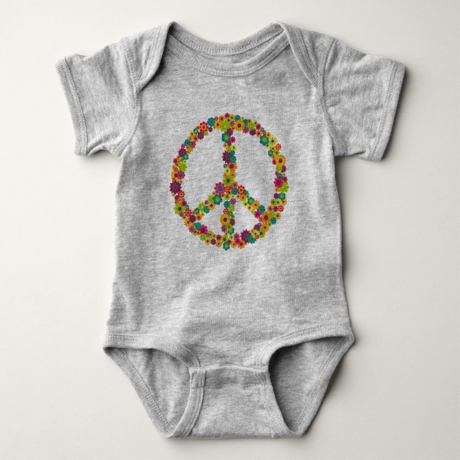 Hippy peace sign flowers baby bodysuit (Front)