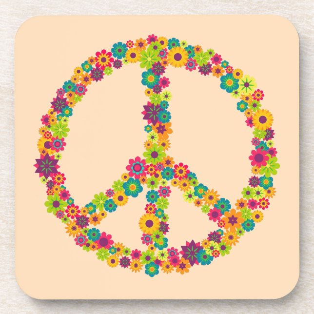 Hippy peace sign flowers beverage coaster (Front)