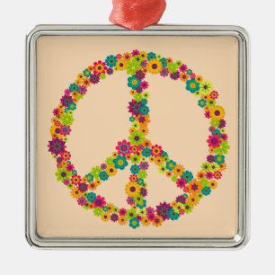 Hippy peace sign flowers metal ornament