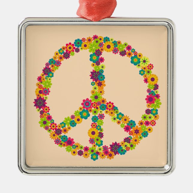 Hippy peace sign flowers metal ornament (Front)