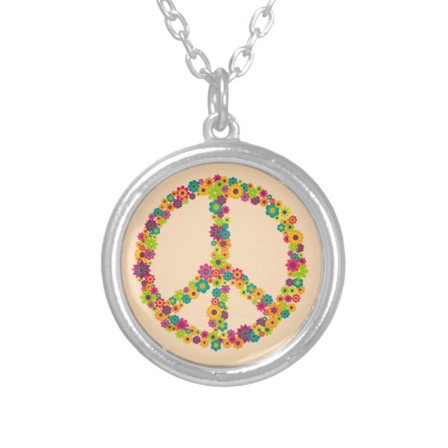 Hippy peace sign flowers silver plated necklace (Front)