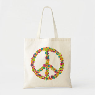 Hippy peace sign flowers tote bag