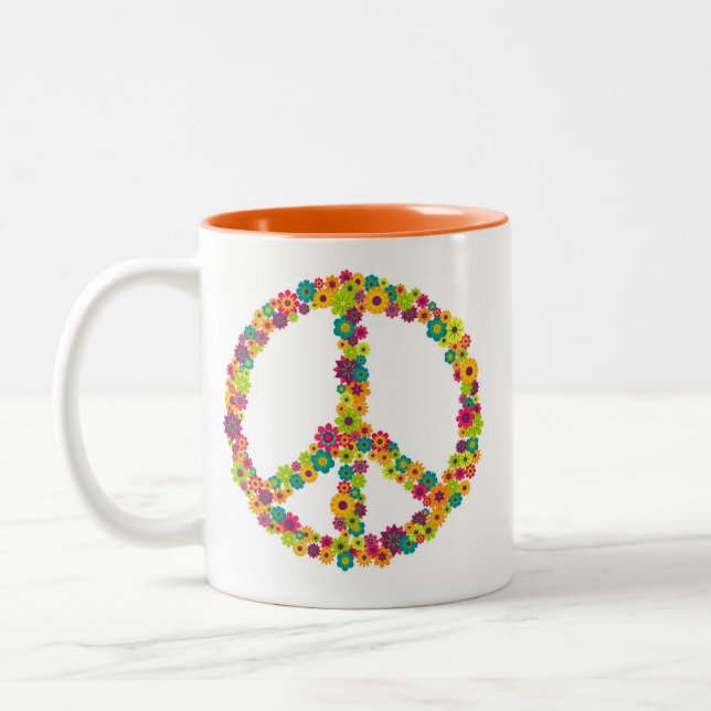 Hippy peace sign flowers Two-Tone coffee mug (Left)