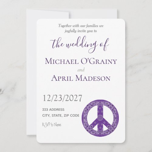 Hippy Peace Sign Purple Wedding Invitation
