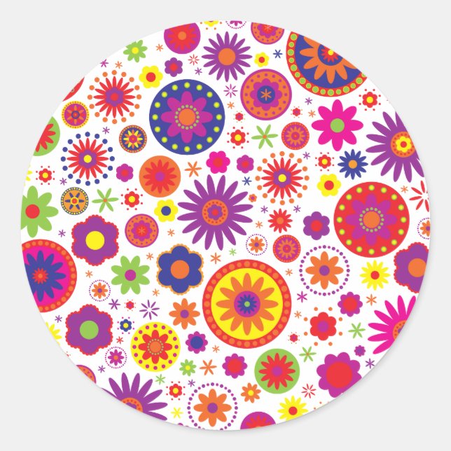 Hippy Rainbow Flowers Classic Round Sticker (Front)