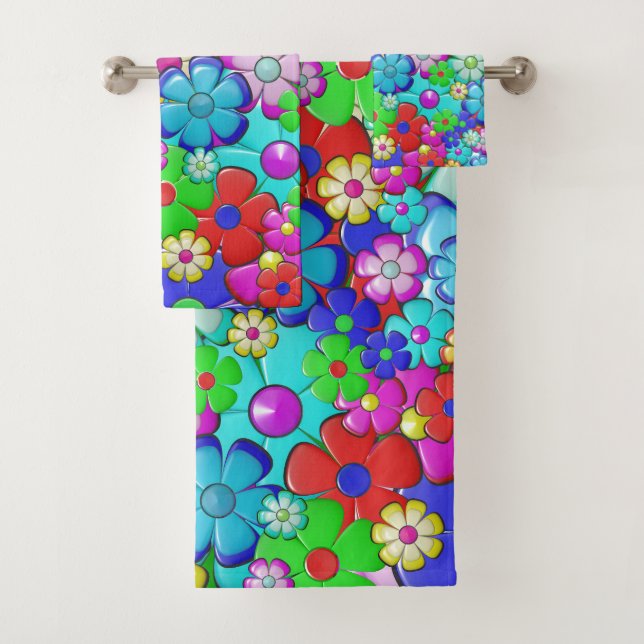 Hippy retro floral art bath towel set (Insitu)