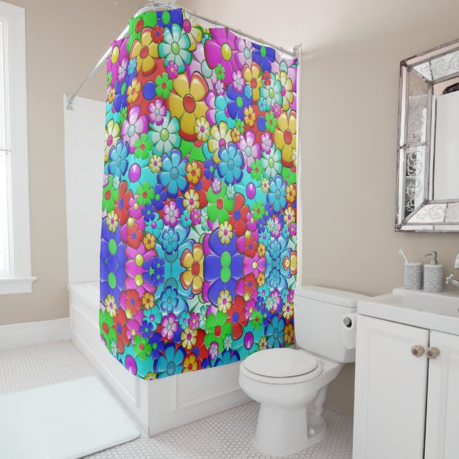 Hippy retro floral art shower curtain (In Situ)