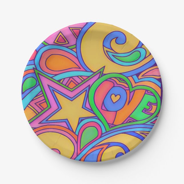 Hippy Retro Peace Art with Stars Paper Plates (Front)