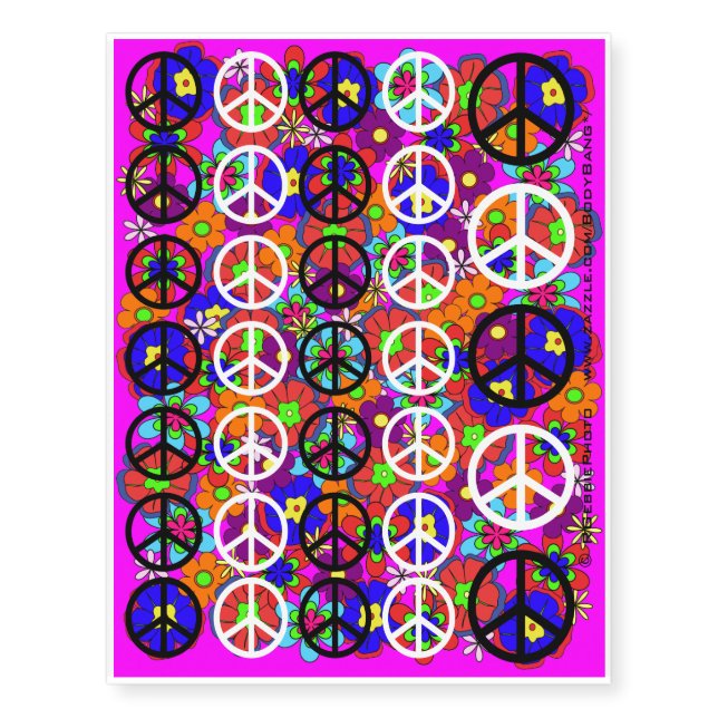 Hippy Retro Peace Flowers Temporary Tattoos (Front)