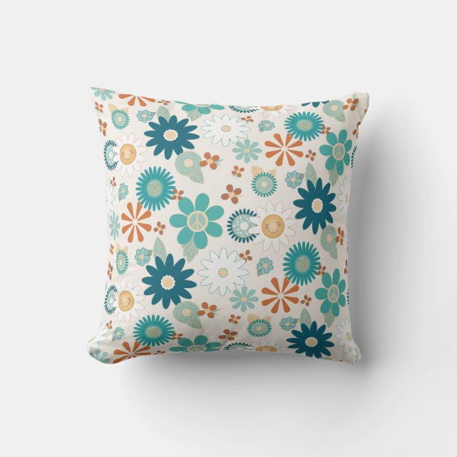 Hippy Retro Vibe 70s Daisy Peace Blue Orange Baby  Throw Pillow (Front)