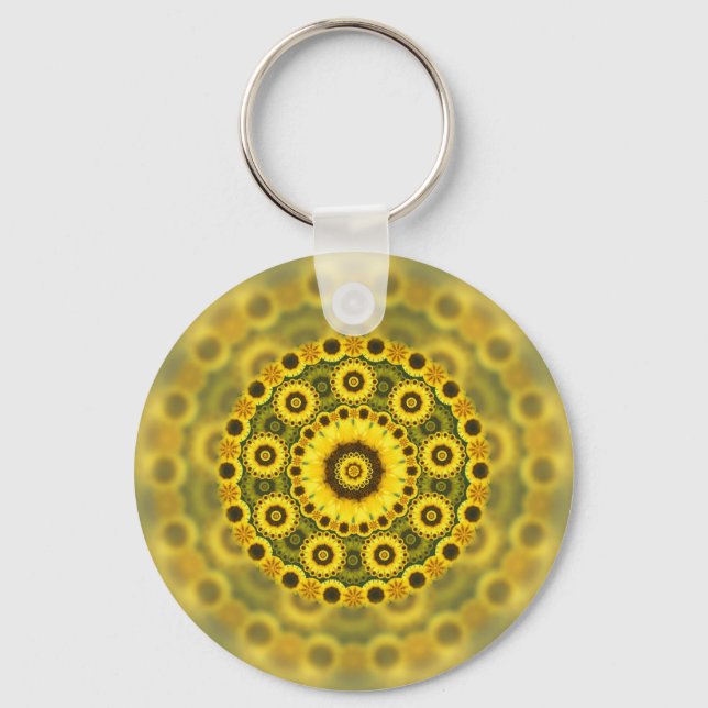 Hippy Sunflower Fractal Mandala Pattern Keychain (Front)