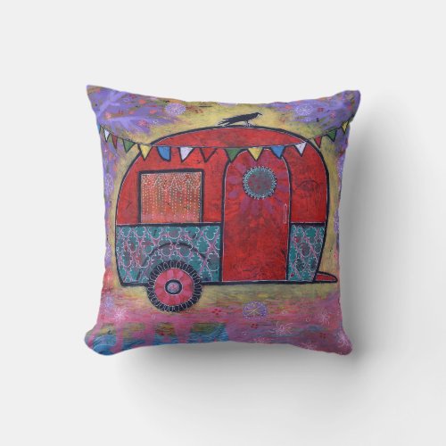 Hippy Teardrop Trailer Camper with Raven Throw Pillow