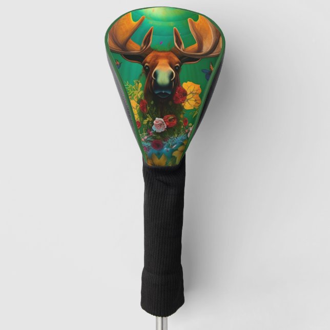 Hippy Trippy Moose with flowers AI Art   Golf Head Cover (Front)