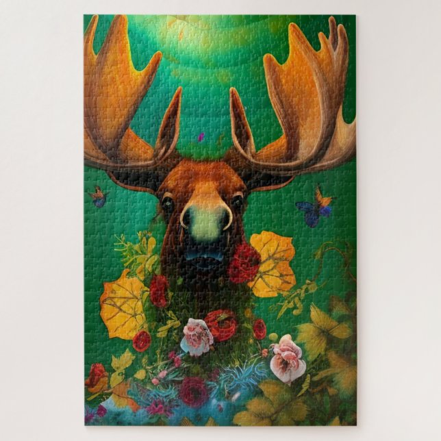 Hippy Trippy Moose with Flowers Jigsaw Puzzle (Vertical)