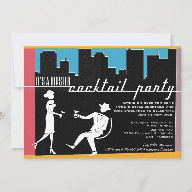 Hipster 1960's Cocktail Party Invitation (Front)
