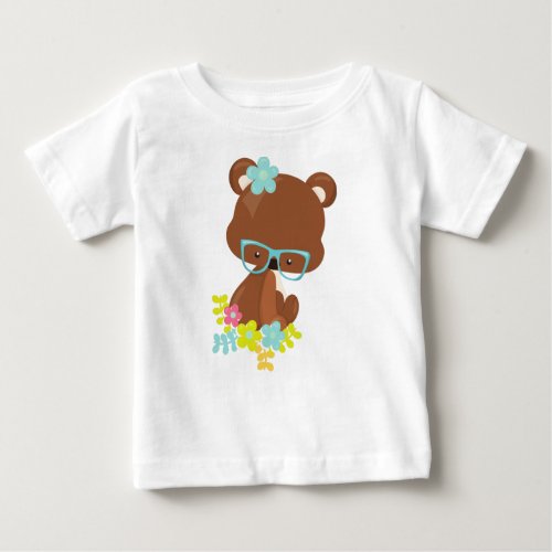 Hipster Bear Bear With Glasses Colorful Flowers Baby T_Shirt