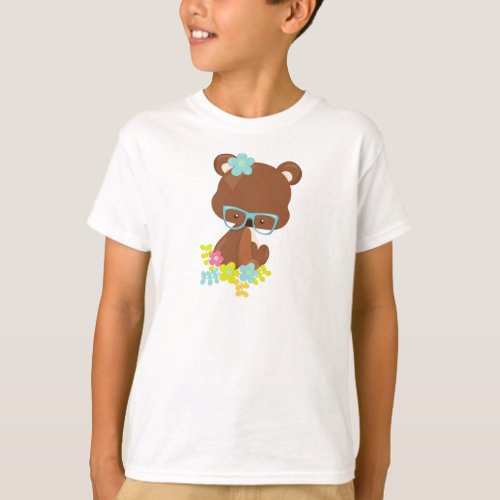 Hipster Bear Bear With Glasses Colorful Flowers T_Shirt