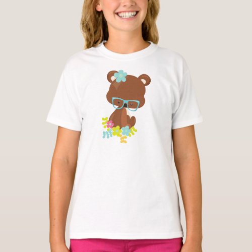 Hipster Bear Bear With Glasses Colorful Flowers T_Shirt