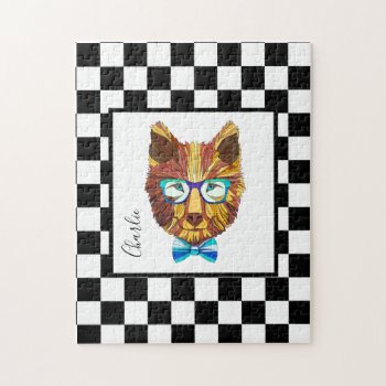 Hipster Bear On B&w Checkerboard  Personalized Jigsaw Puzzle by PicturesByDesign at Zazzle