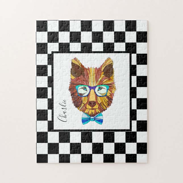 Hipster Bear on B&W Checkerboard, personalized Jigsaw Puzzle (Vertical)