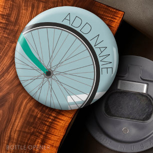 Hipster Bicycle Wheel with Custom Name Bottle Opener