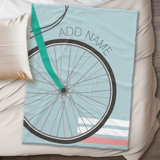 Hipster Bicycle Wheel with Custom Name Fleece Blanket (Personalized fleece blanket - Sports Theme)
