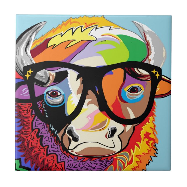 Hipster Bison "Buffalo" Ceramic Tile (Front)