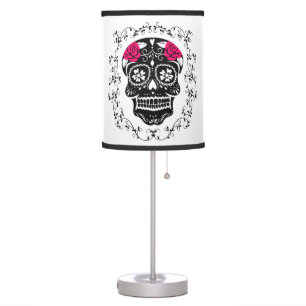 Hipster Black and Pink Sugar Skull Burlap Table Lamp